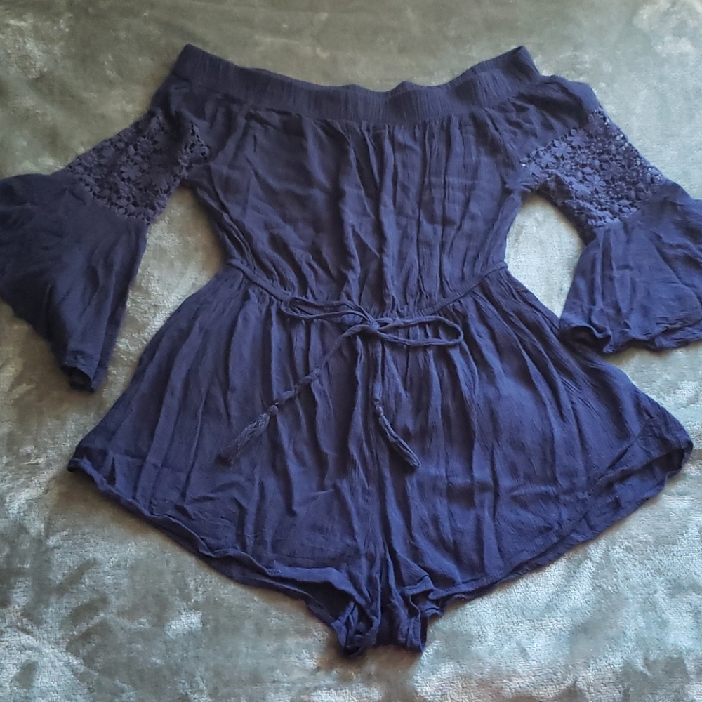 Navy blue off the shoulder bell sleeve romper